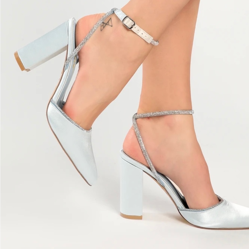 Blue satin pointed toe ankle strap heels